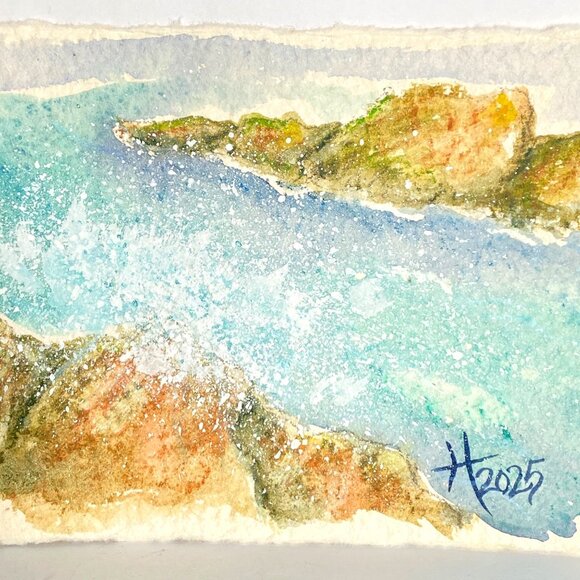 Beach Splash 2 Original Seascape Watercolor Painting Handmade Paper 8x10in Mat - Picture 1 of 6